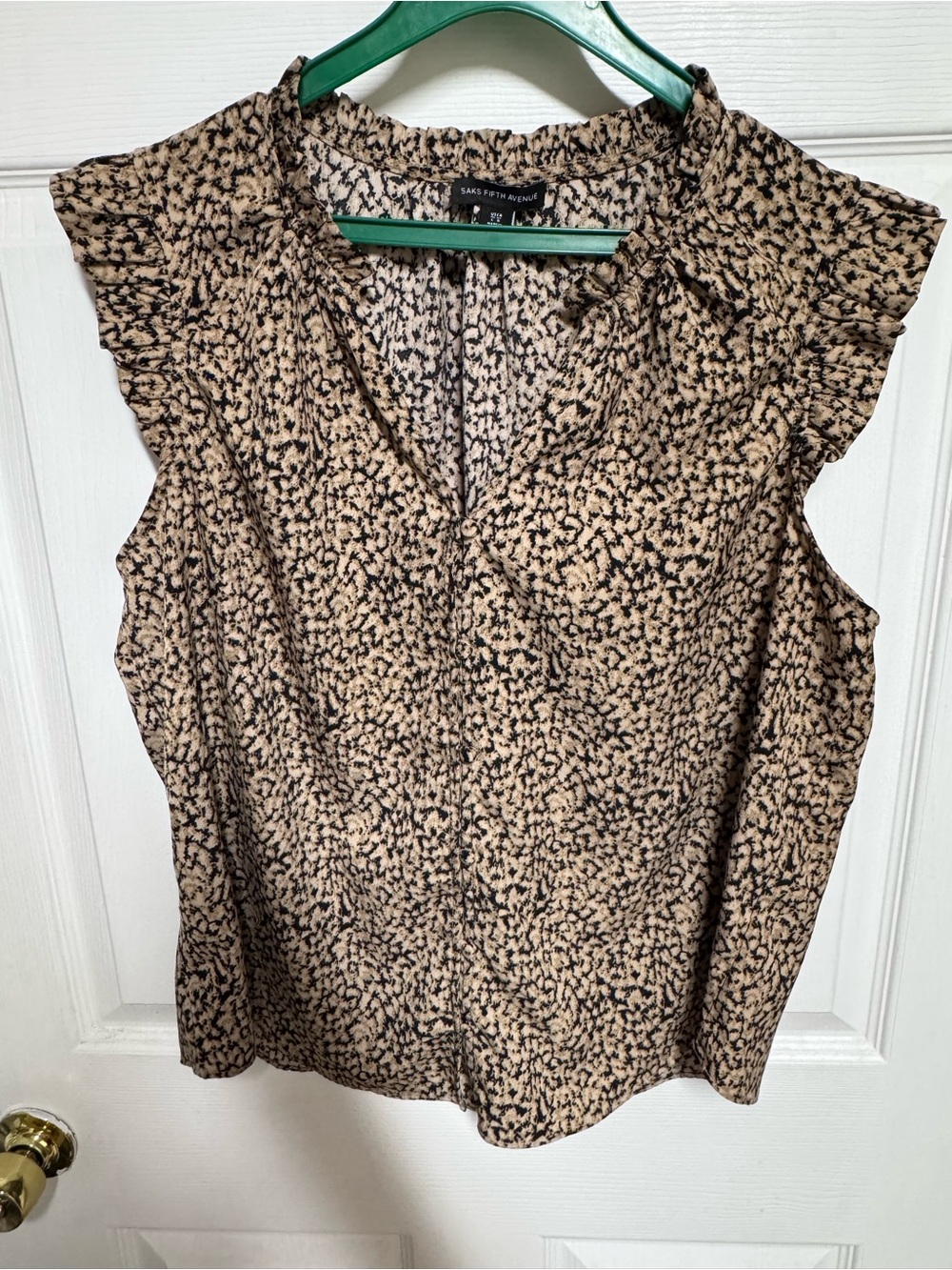 Saks Fifth Avenue Beige & Black Printed Ruffle Cap Sleeve Button Up Blouse